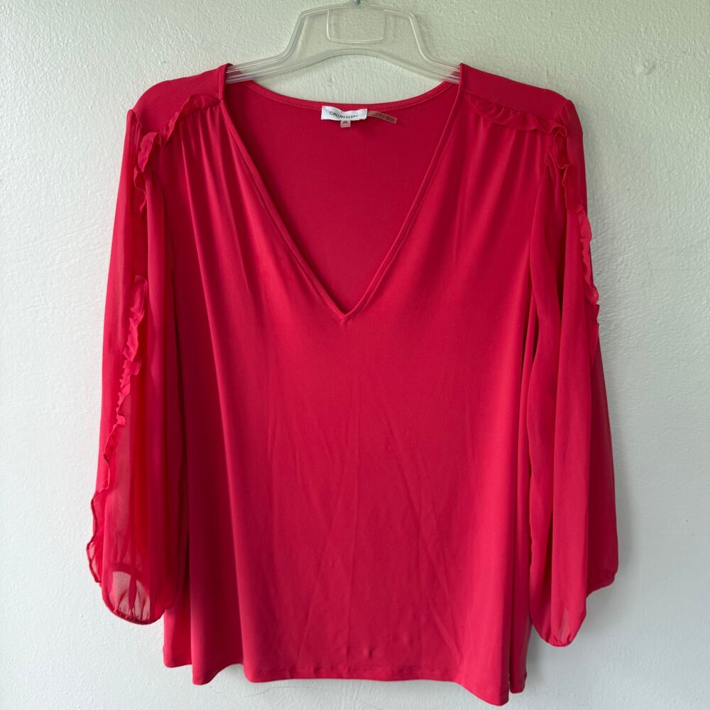 Calvin Klein size 2X blouse red color and sheer, ruffled sleeves - Picture 2 of 11